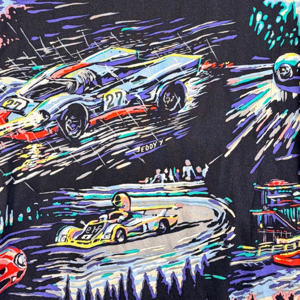 Vintage Hawaiian Shirt Monticerutti Men 2XL‎ Tall Black Grand Prix Race Car AOP - Picture 11 of 13
